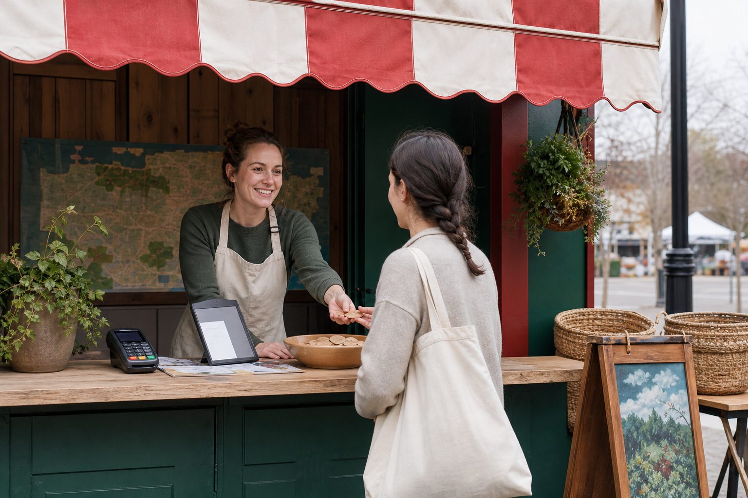 Volunteer at a striped market booth handing wooden tokens to a shopper beside a small card terminal