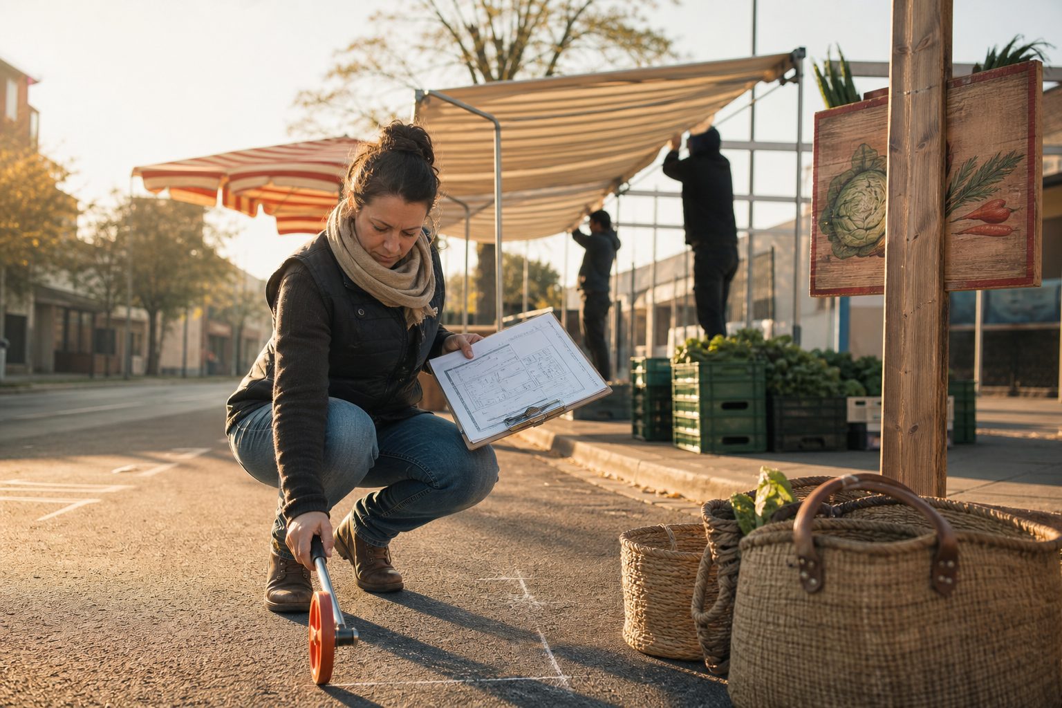 Market manager kneeling on pavement with a site plan and measuring wheel as striped red and cream awnings rise behind her