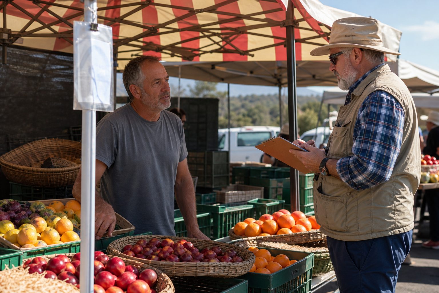 Inspector with a clipboard talking to a grower beside citrus crates and a certificate clipped to a canopy leg