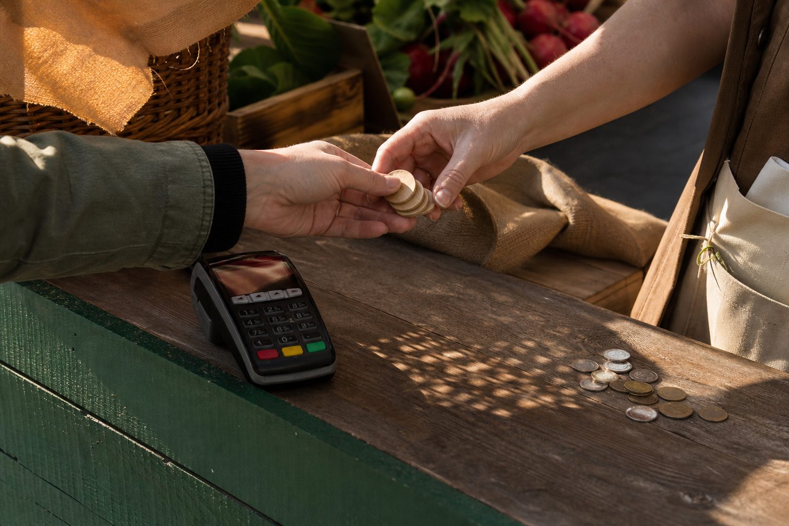 Hands exchanging wooden tokens beside a card terminal on a market booth counter in striped awning shade