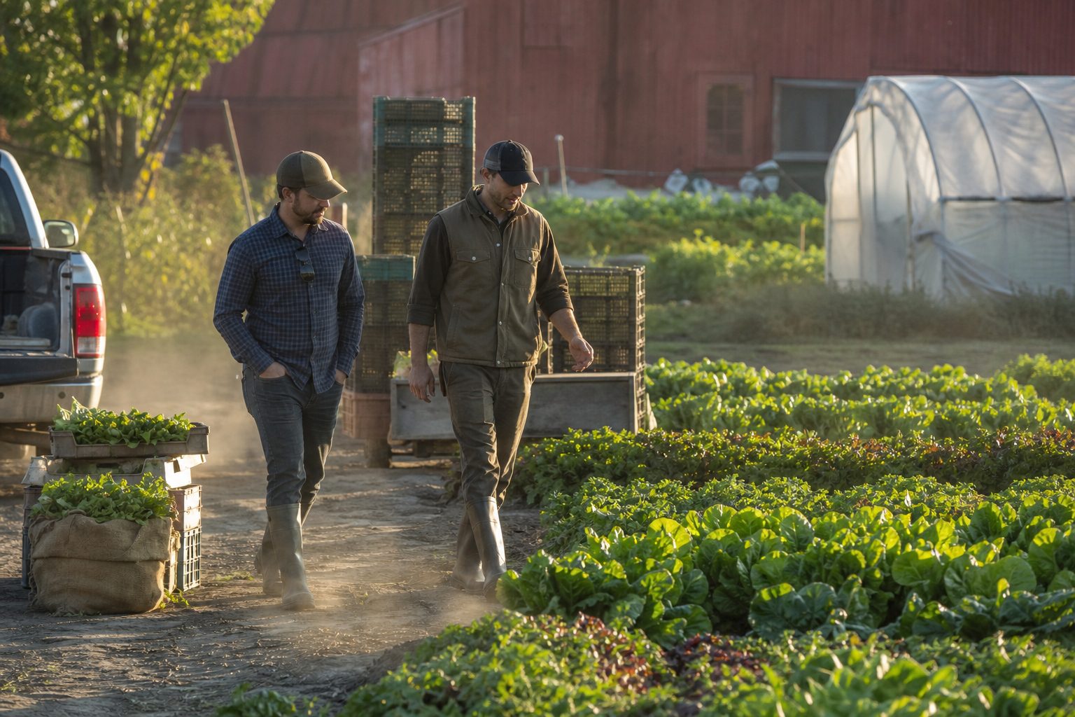 Market manager and grower walking lettuce rows past stacked harvest bins on a small vegetable farm