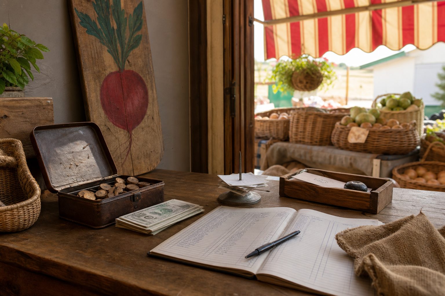Cash box of wooden tokens, small bills and a handwritten fee ledger on a market office desk after closing