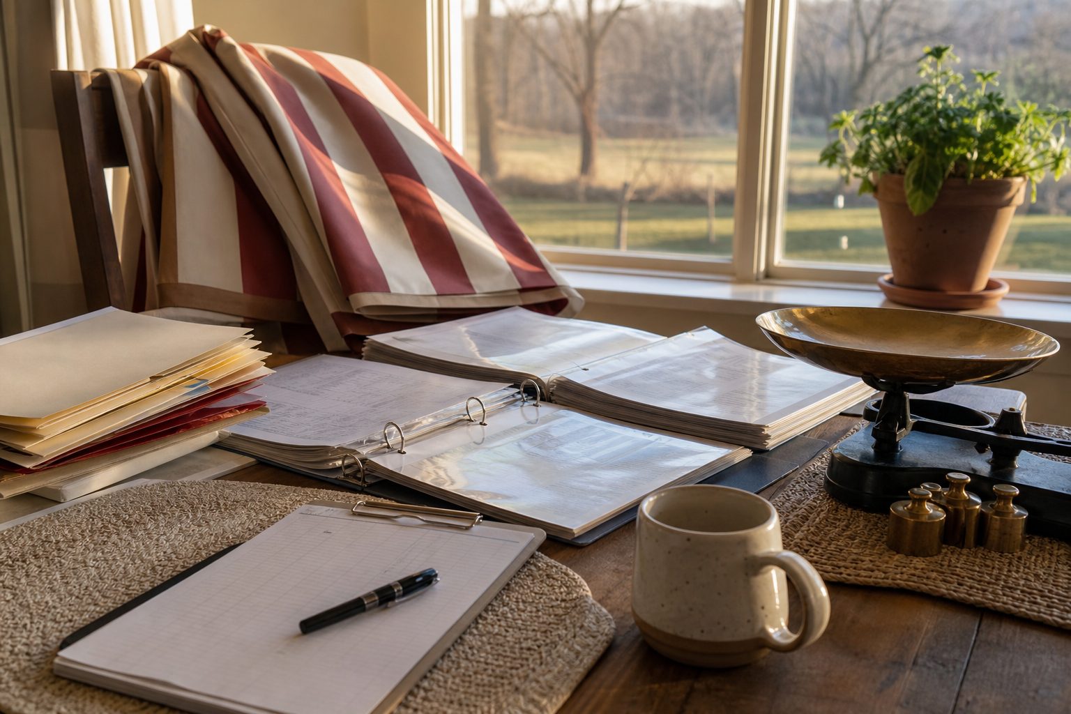 Spring table of permit folders, an insurance binder and a bench scale beside folded striped awning fabric