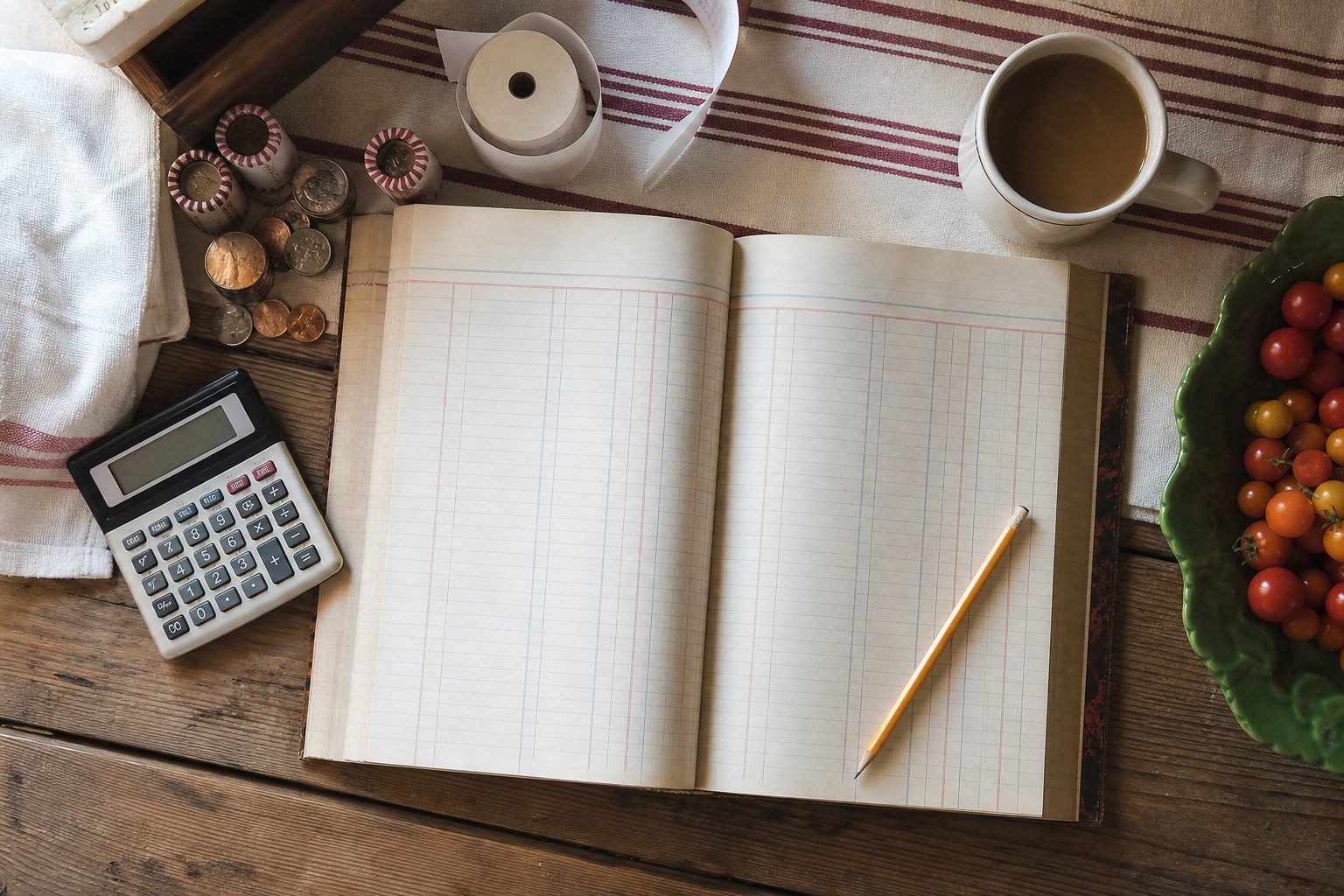 Overhead view of a market ledger, calculator and coin rolls on a plank table with red and cream striped cloth