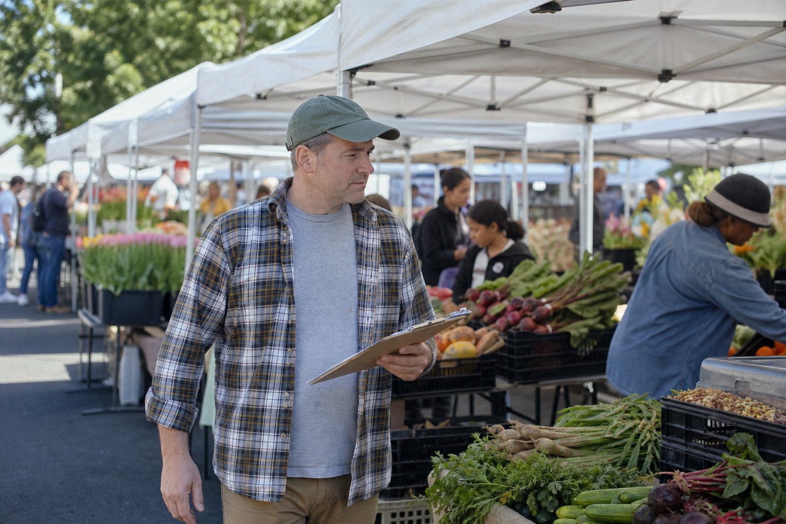 Farmers market manager holding a clipboard walking between white canopy vendor stalls stacked with crates of produce on a sunny Saturday morning