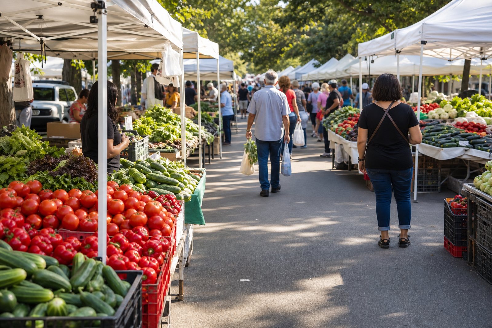 Busy outdoor farmers market aisle lined with white canopy tents and crates of colorful produce lit by morning sunlight